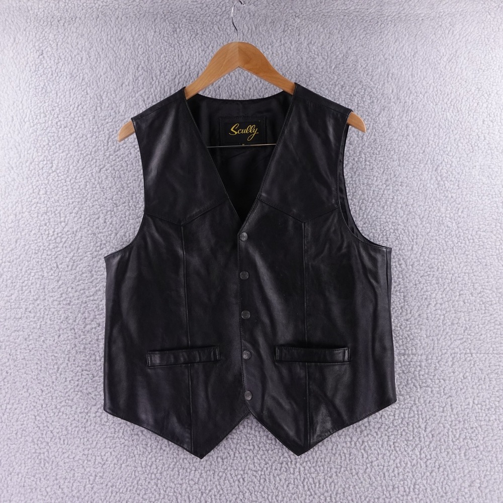 Scully Mens Black Leather Western Vest Button Front V-Neck Size Medium